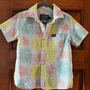 Burlebo Performance Button Up Short Boys 4T Aqua Peach Lime Pattern Easter Vaca